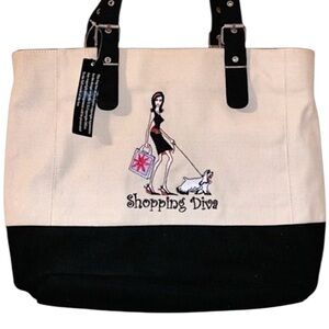 shopping diva embroidered tote fashionista dog walker NWT